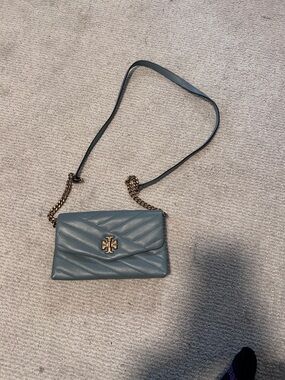 Tory Burch Quilted Slate Blue Leather Chain-strap Crossbody with Gold Logo